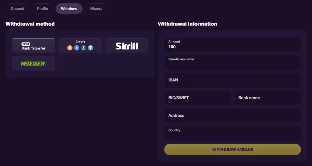 Prive Casino interface relevant to Prive Casino Withdrawals and Payouts