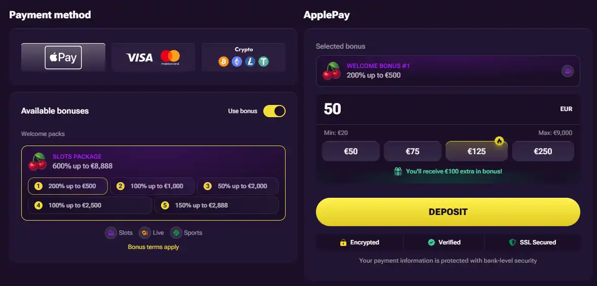 Current Prive Casino cashier showing the deposit methods available to the account