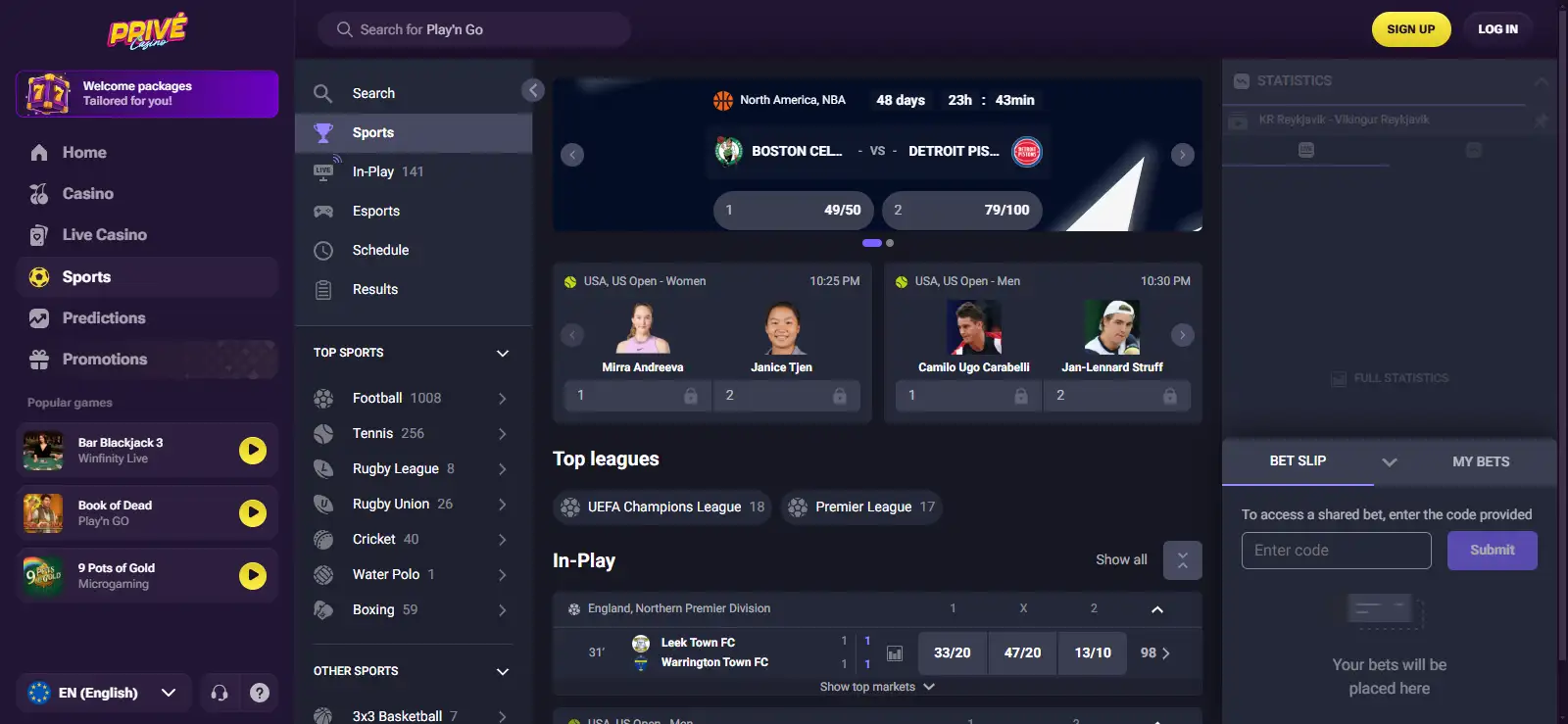 Prive Casino sportsbook showing the current sports betting interface