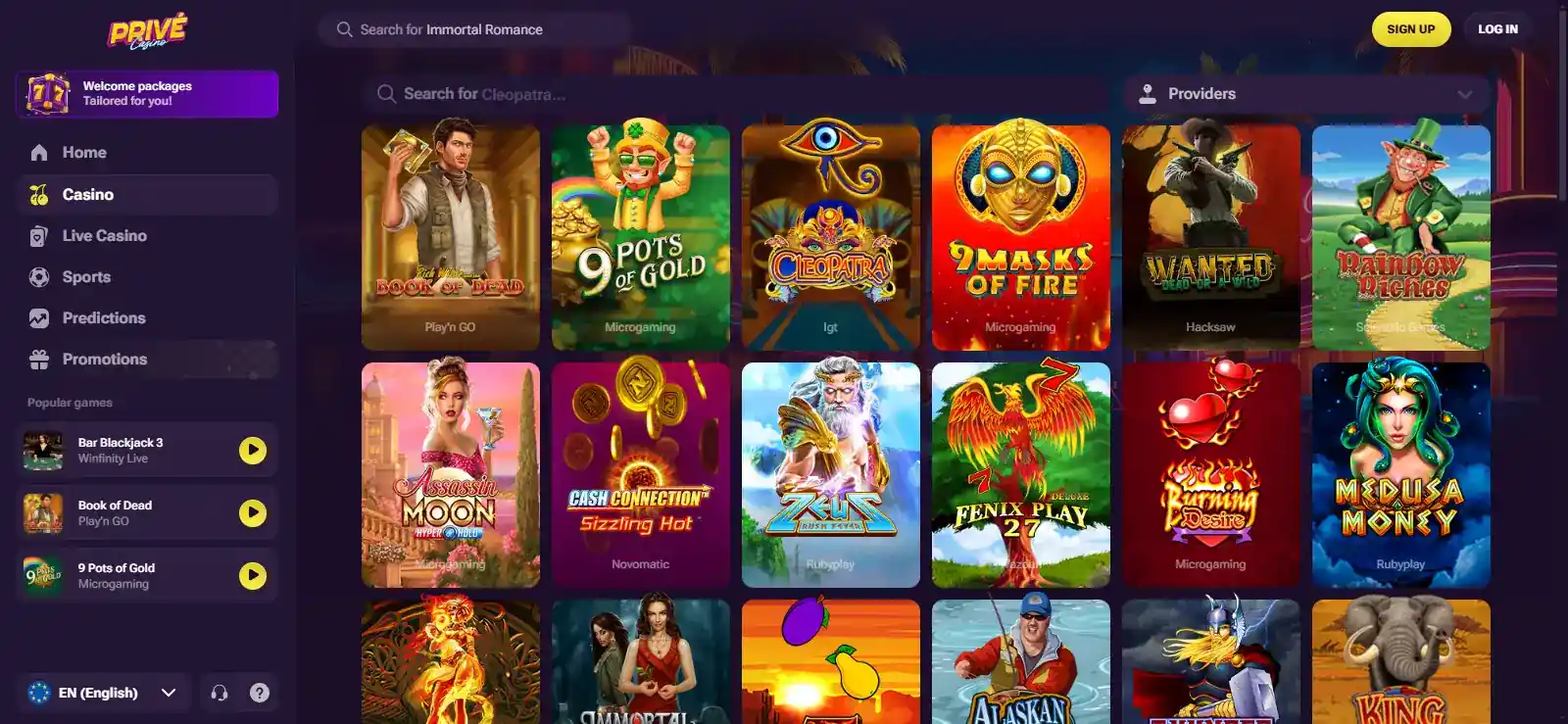 Prive Casino slots lobby showing the current game browsing interface