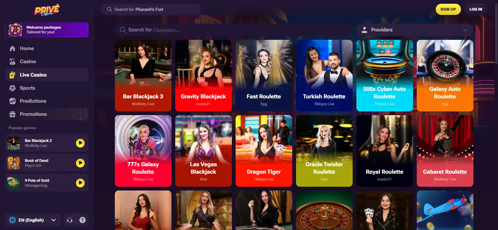 Current Prive Casino live casino interface